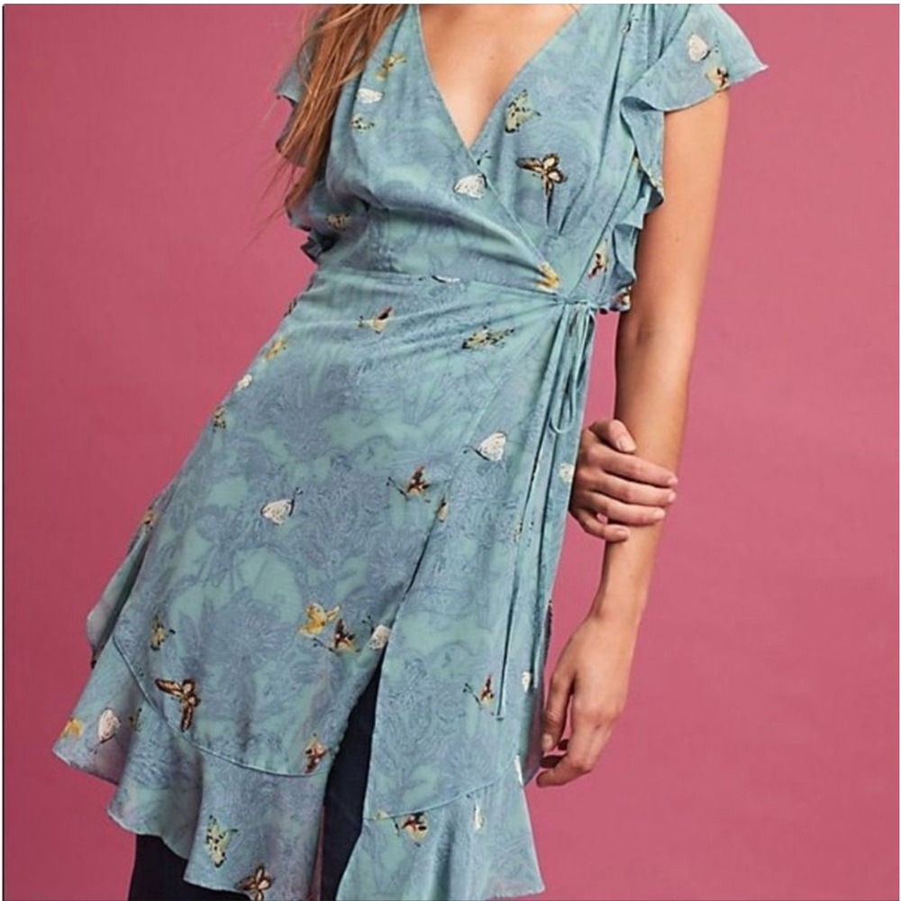 Light Blue Floral Wrap Dress with Ruffle Hem
